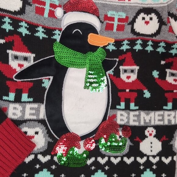 Urban Heritage Ugly Christmas Sweater Sequin Penguin Fair Isle Festive Holiday - Picture 4 of 10